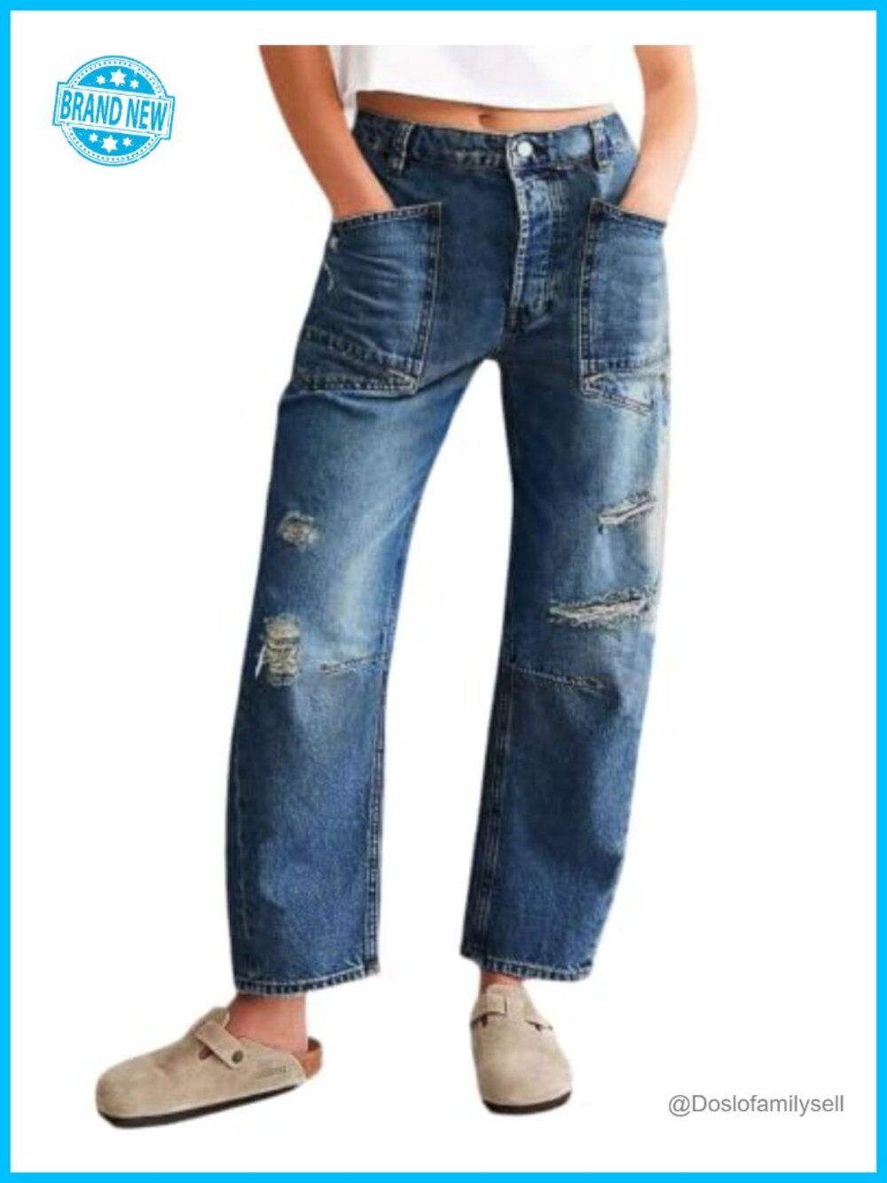 Women's Distressed Baggy Barrel Jeans Wide Leg Ripped Ankle Denim Pants